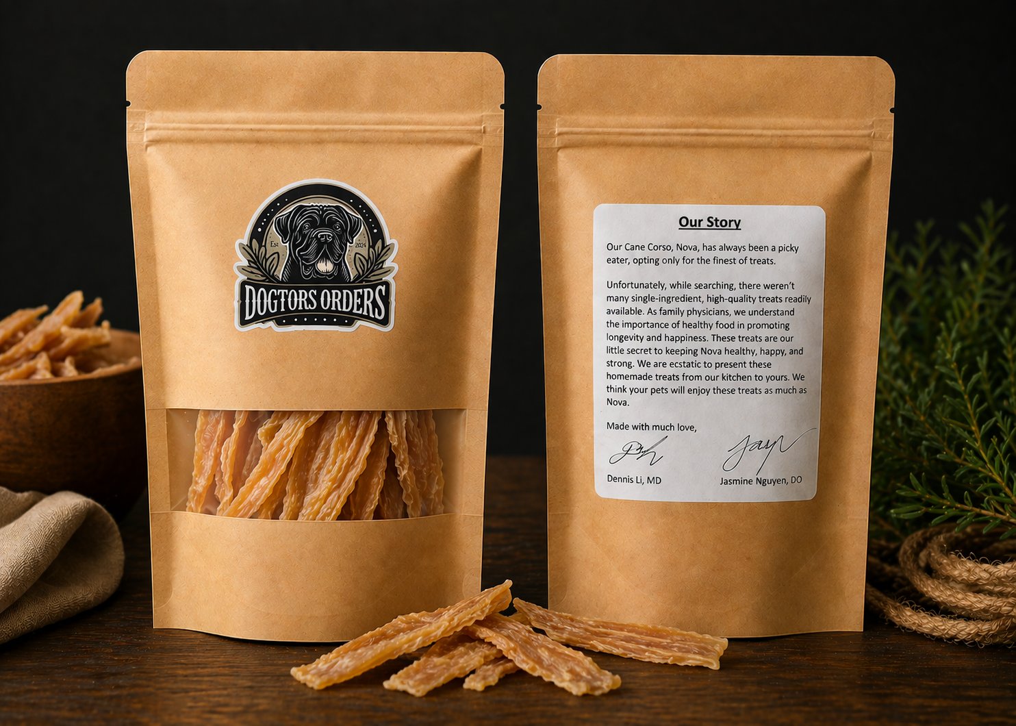Dogtors Orders kraft pouch, front and back — front view shows chicken breast treats visible through the window with Cane Corso crest, back view shows the hand-signed 'Our Story' label