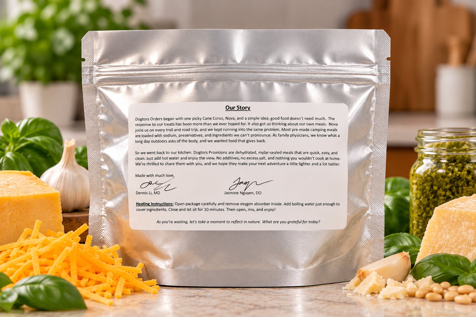 Back of a Dogtors Provisions pouch — an Our Story label signed by Dennis Li, MD and Jasmine Nguyen, DO, with heating instructions at the bottom