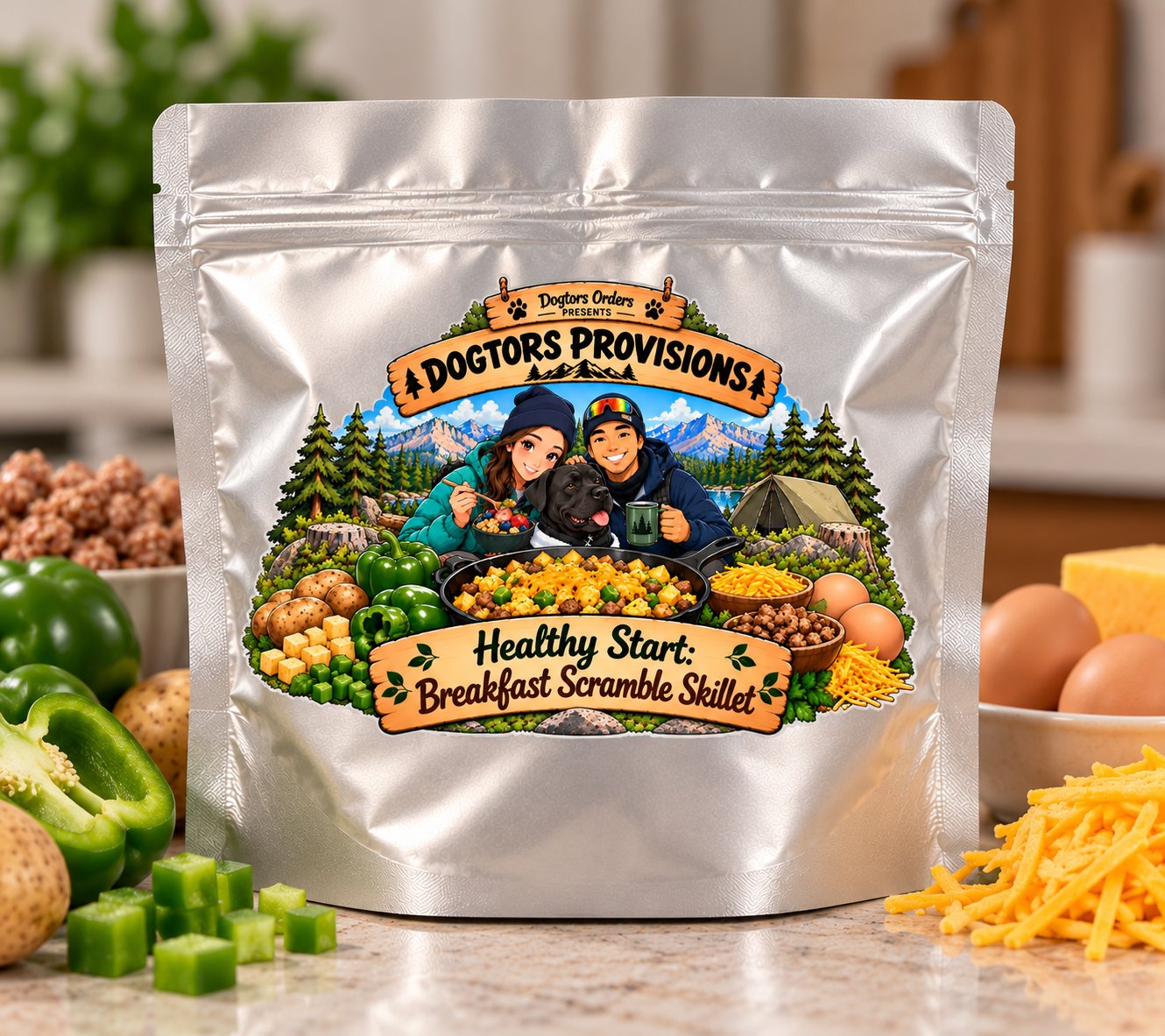 Dogtors Provisions pouch — Healthy Start: Breakfast Scramble Skillet — in silver Mylar, with potatoes, green peppers, eggs and shredded cheddar around it