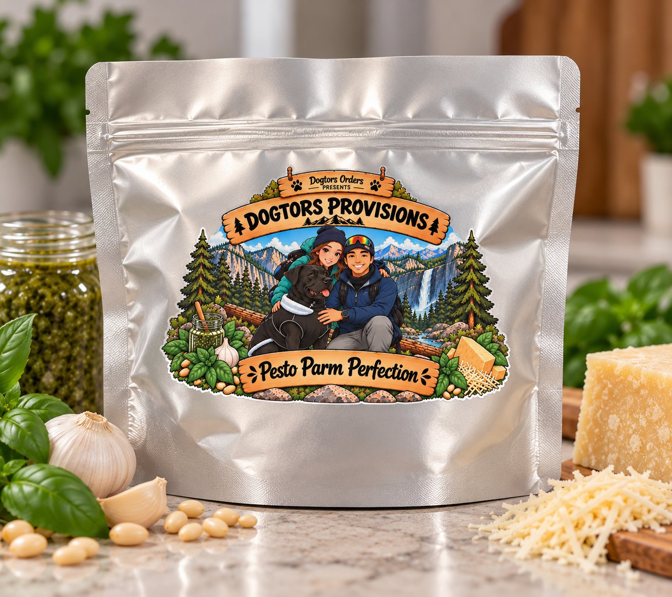 Dogtors Provisions pouch — Pesto Parm Perfection — in silver Mylar, with a jar of pesto, basil, garlic, pine nuts and shredded parmesan around it