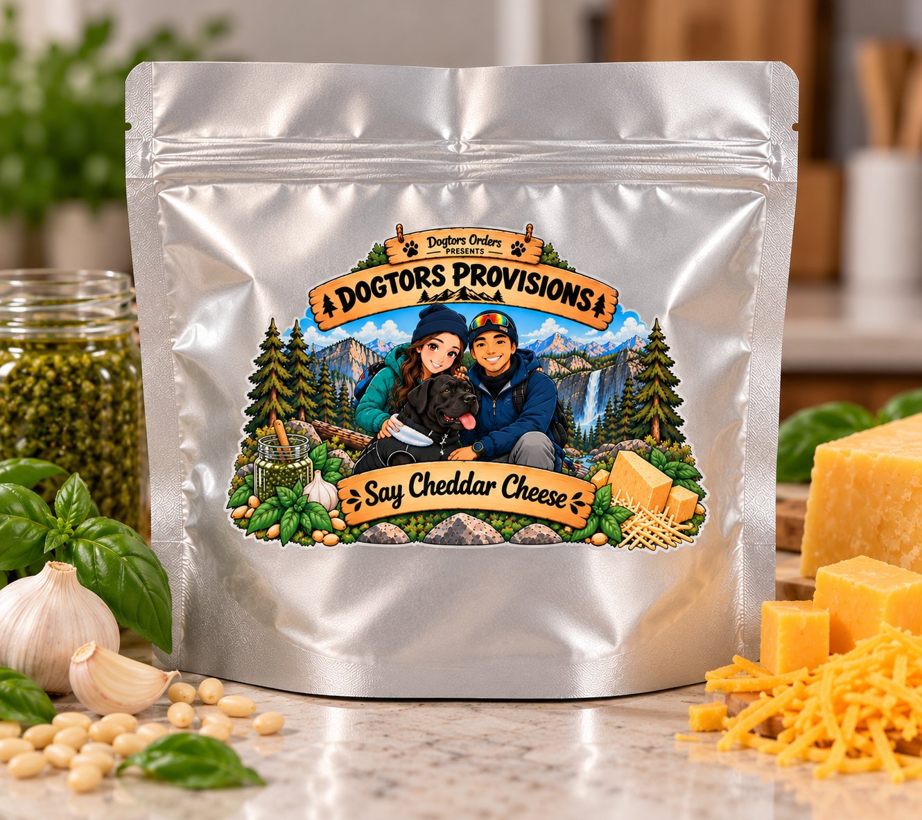 Dogtors Provisions pouch — Say Cheddar Cheese — in silver Mylar, with cheddar blocks and shreds, basil and garlic around it