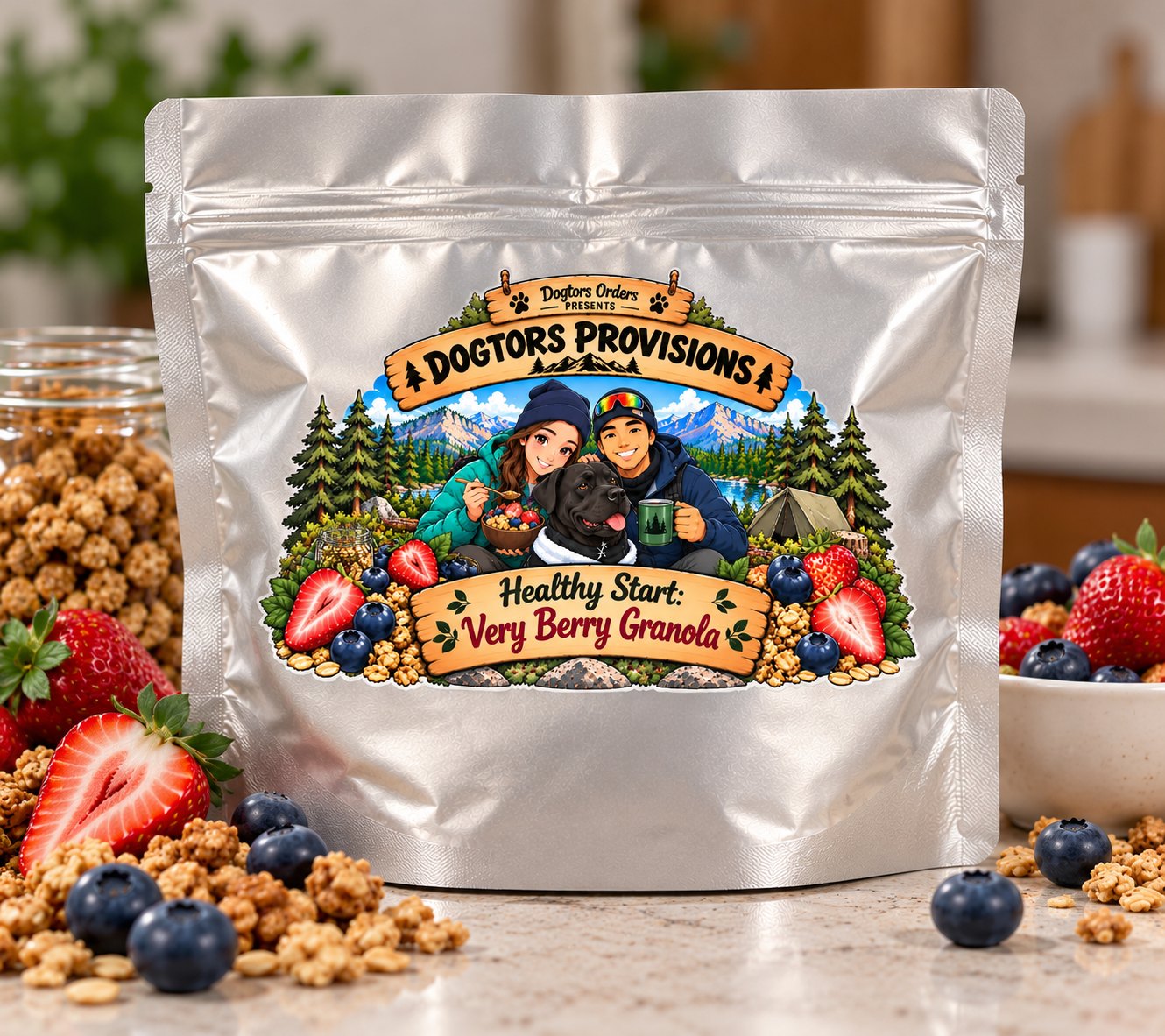 Dogtors Provisions pouch — Healthy Start: Very Berry Granola — in silver Mylar, with strawberries, blueberries and granola clusters around it