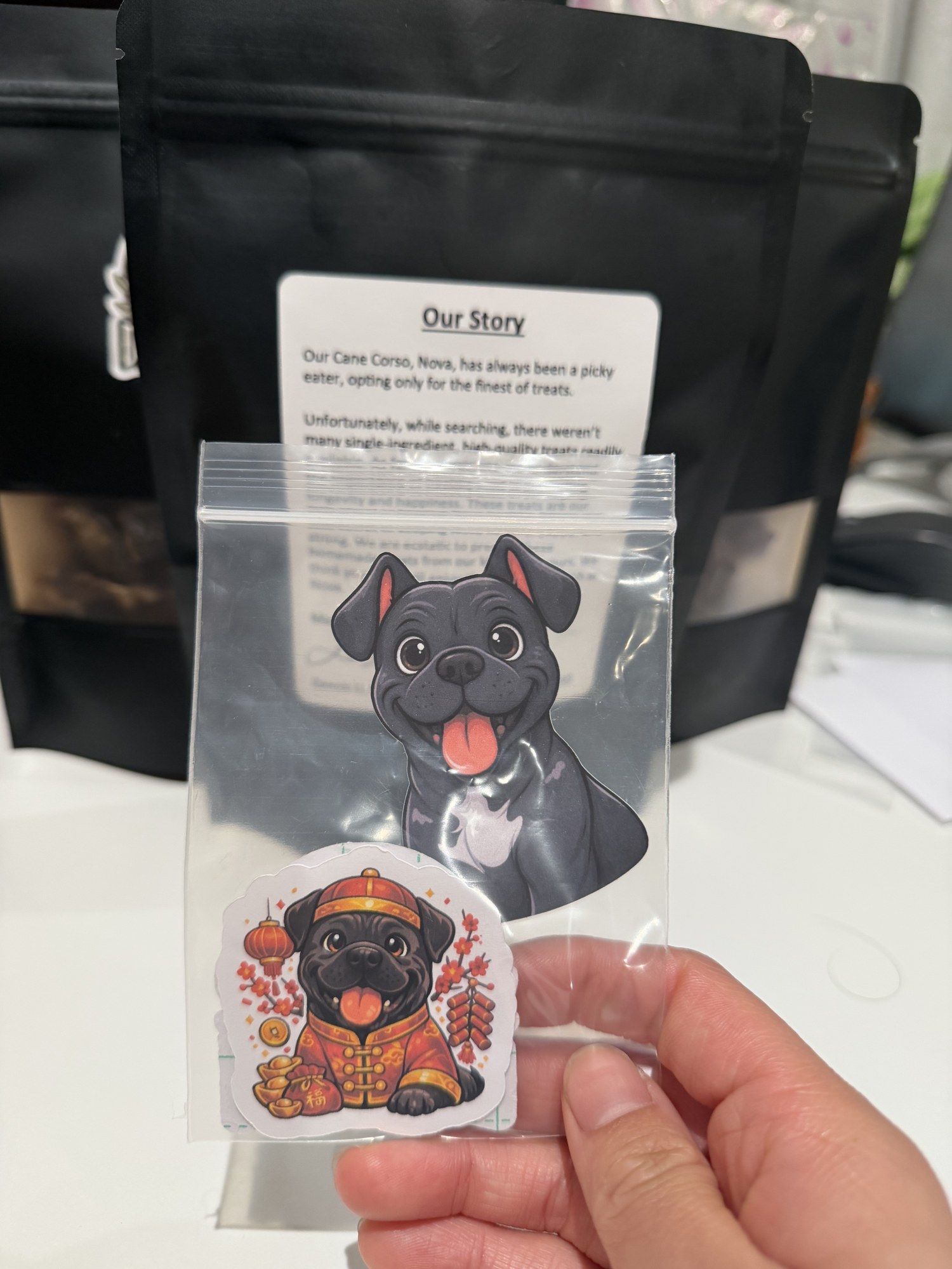 Dogtors Orders sticker pack — clear pouch holding three vinyl stickers (Cane Corso crest, a Lunar New Year Nova illustration, and a rotating seasonal design) in front of kraft pouches